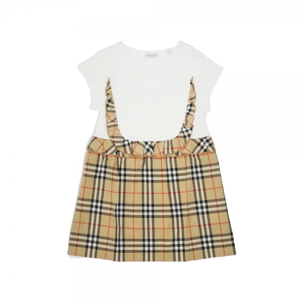 키즈 체크 트리밍 원피스 화이트/베이지 8117420